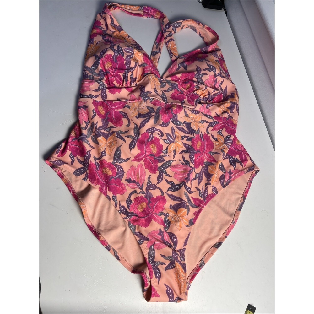 NWT Old Navy Women's 2X Peach Floral One Piece Swimsuit Crossed Tie Back MSRP 44